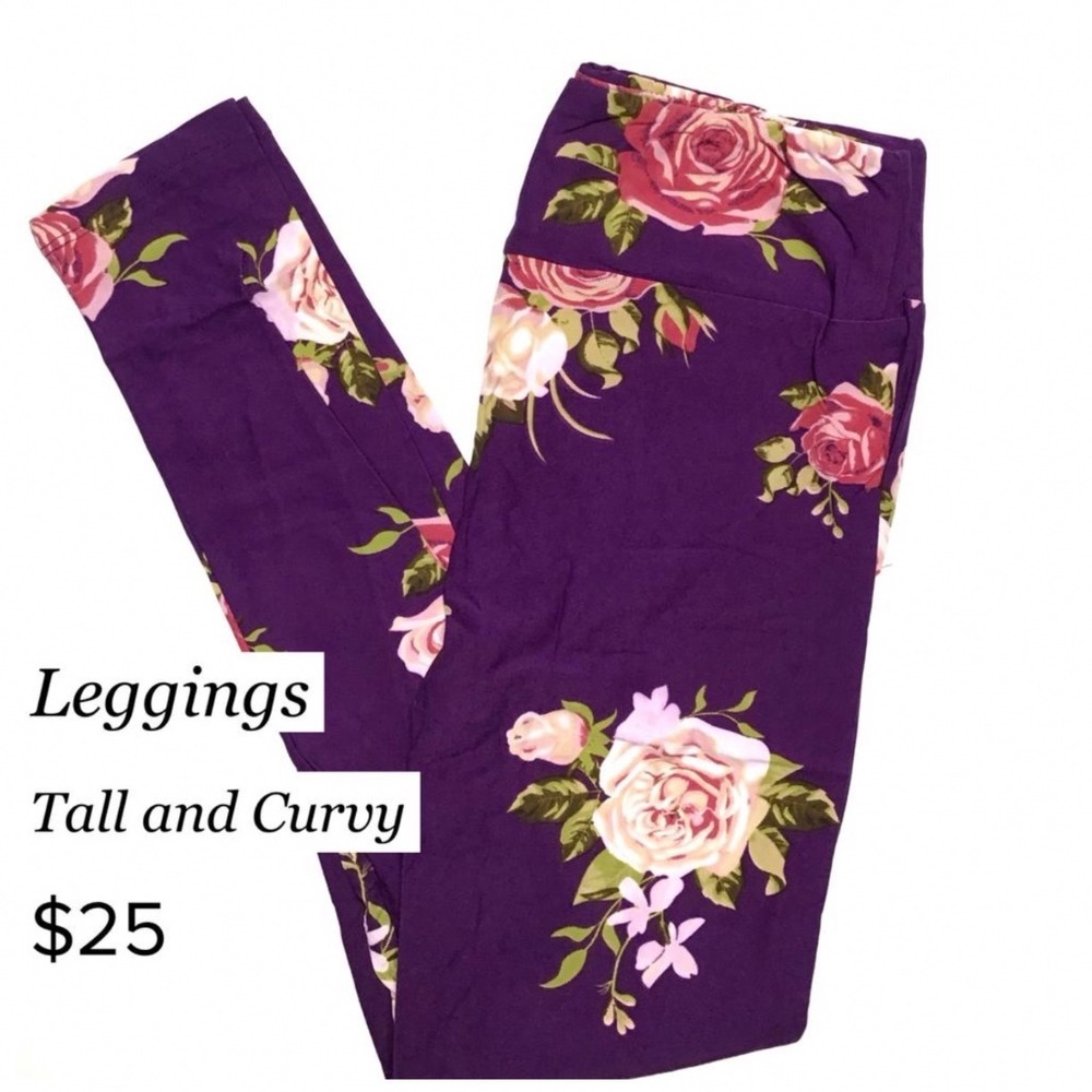 LuLaRoe Womens Leggings Size TC Purple‎ with Pink Floral Roses Tall & Curvy NWT
